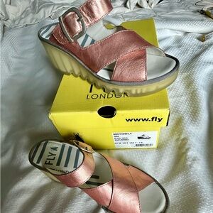Fly London Metallic Rose Gold / Pink Wedge Slide with Buckle Strap BOCY409fly